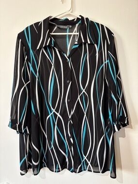Addition Elle Size 20 Black Button-Front Shirt with White & Teal Wave Stripes